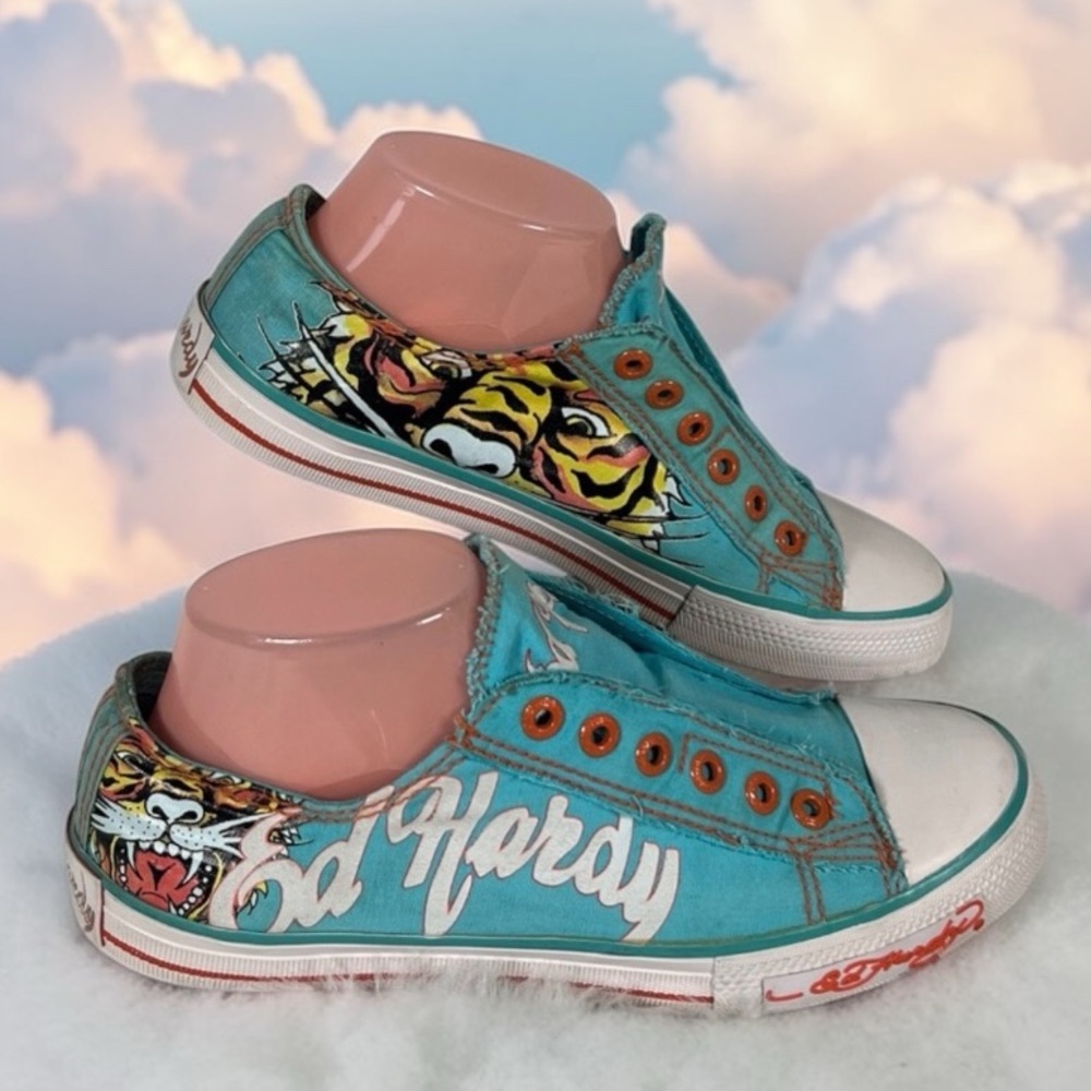 Ed Hardy Blue Sneakers with Tiger Art Size 8 - Picture 2 of 7